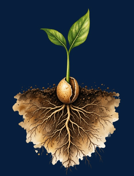 A seedling with deep roots, a symbol of a new beginning